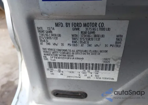 2015 Ford F-150 Lariat z USA, uszkodzony, nr VIN 1FTEW1EF0FFA15000